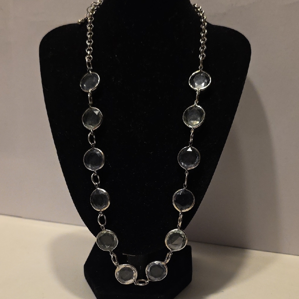 Vintage Bezel Light Green And Blue Discs On Silvertone Necklace 20 Inches